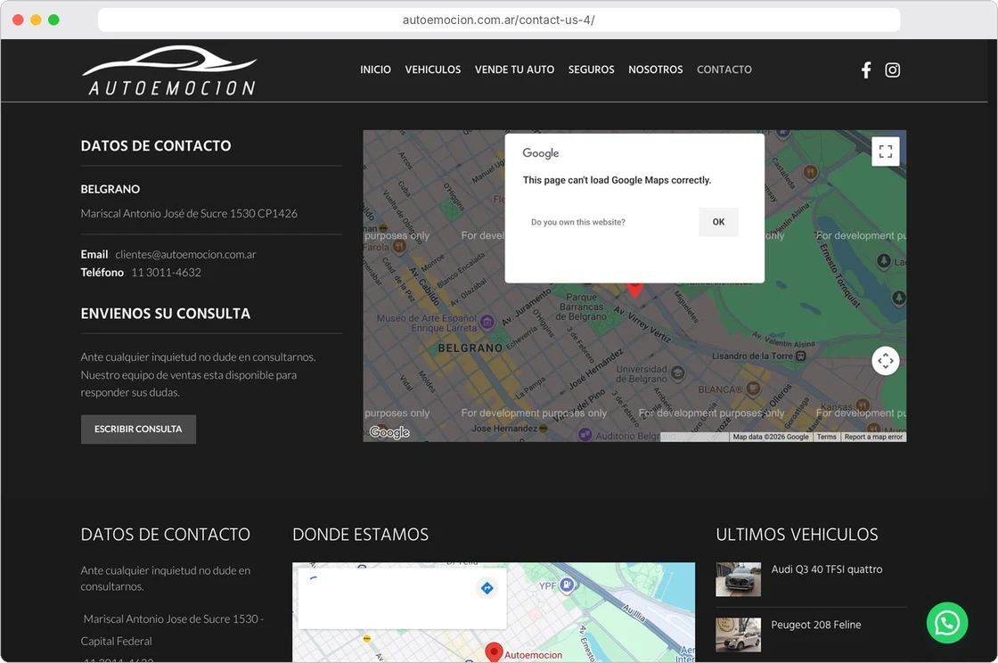 Página de contacto del sitio anterior, con un formulario y un mapa de Google que mostraba un error