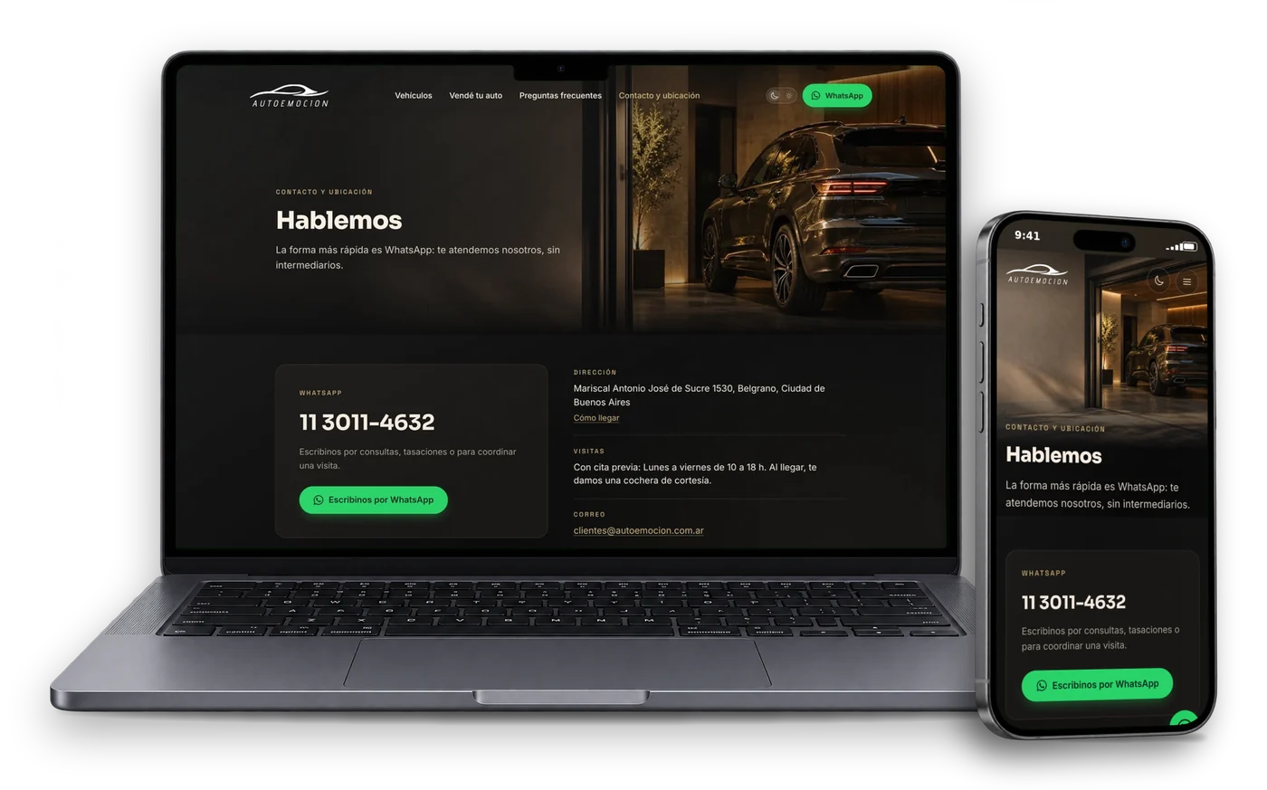 Página de contacto del sitio nuevo, con el WhatsApp directo, la dirección y el horario de visitas, en notebook y teléfono