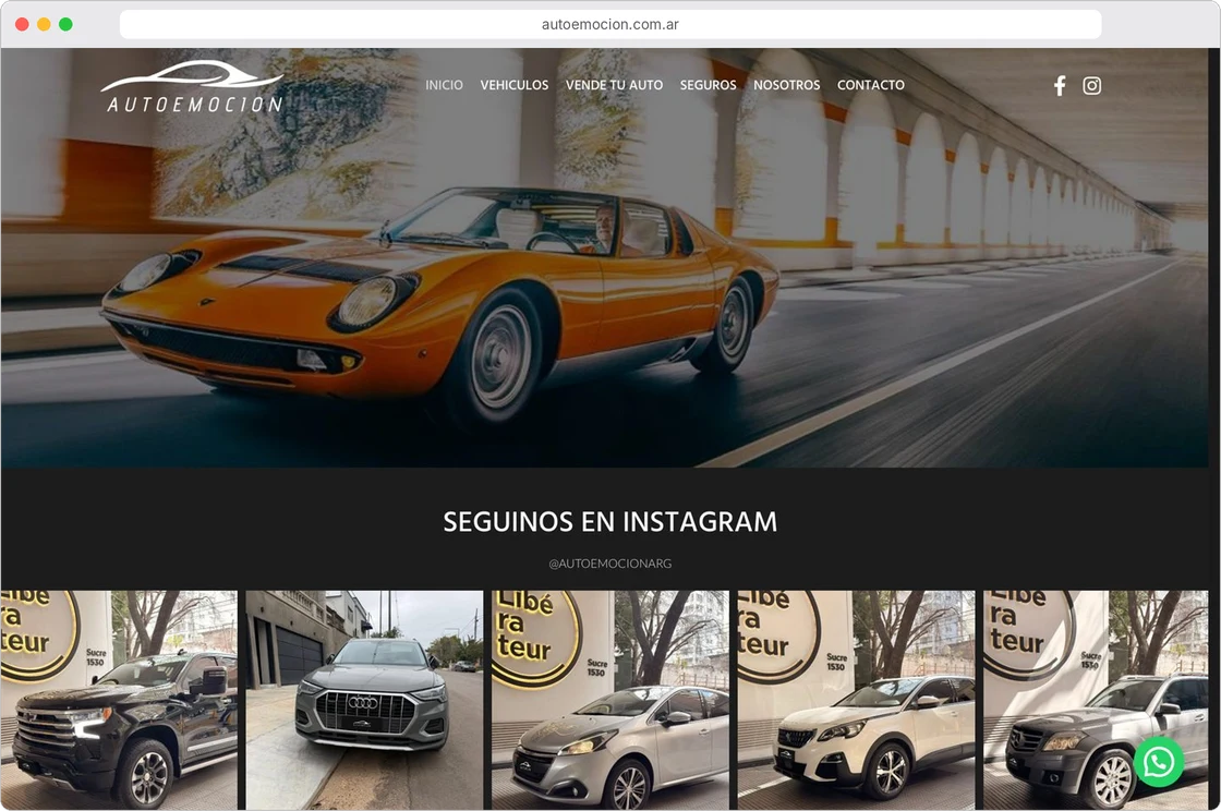 Portada del sitio anterior de Autoemoción, con un auto ajeno al stock y el feed de Instagram