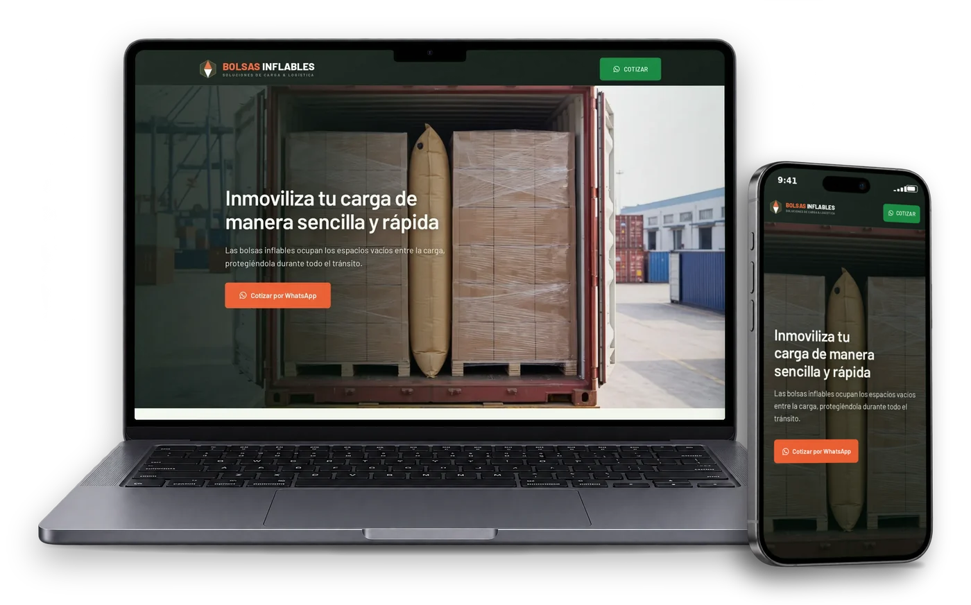 La página de Bolsas Inflables en una notebook y en un teléfono