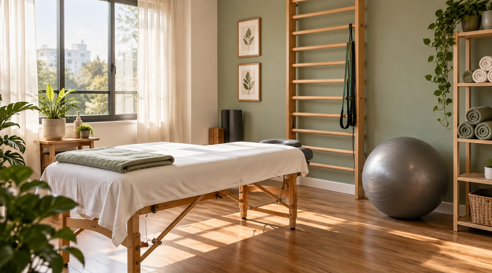 Sala de kinesiología con camilla, barra de pared y pelota de ejercicio